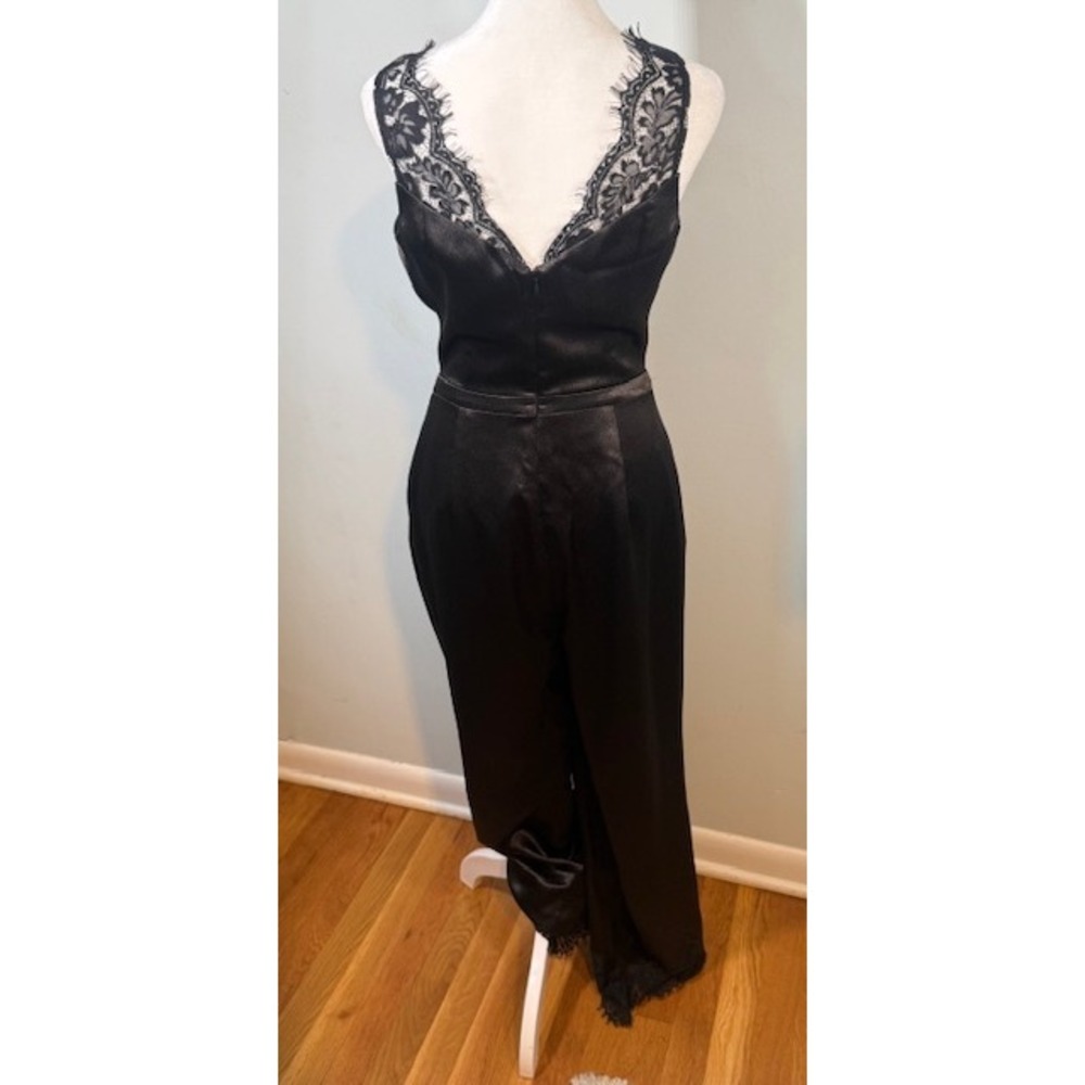 Zac Posen Black Satin Eyelash Lace Wide Leg Jumpsuit Size 4 Closed Label - Picture 3 of 8